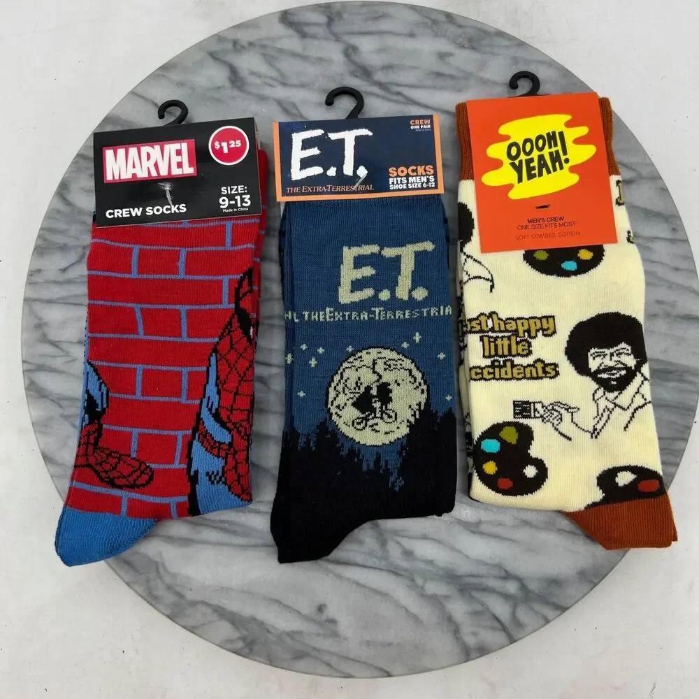 Spiderman, E.T. Movie, Bob Ross Crew Socks Men OSFM One Size Fits Most 3 Pairs